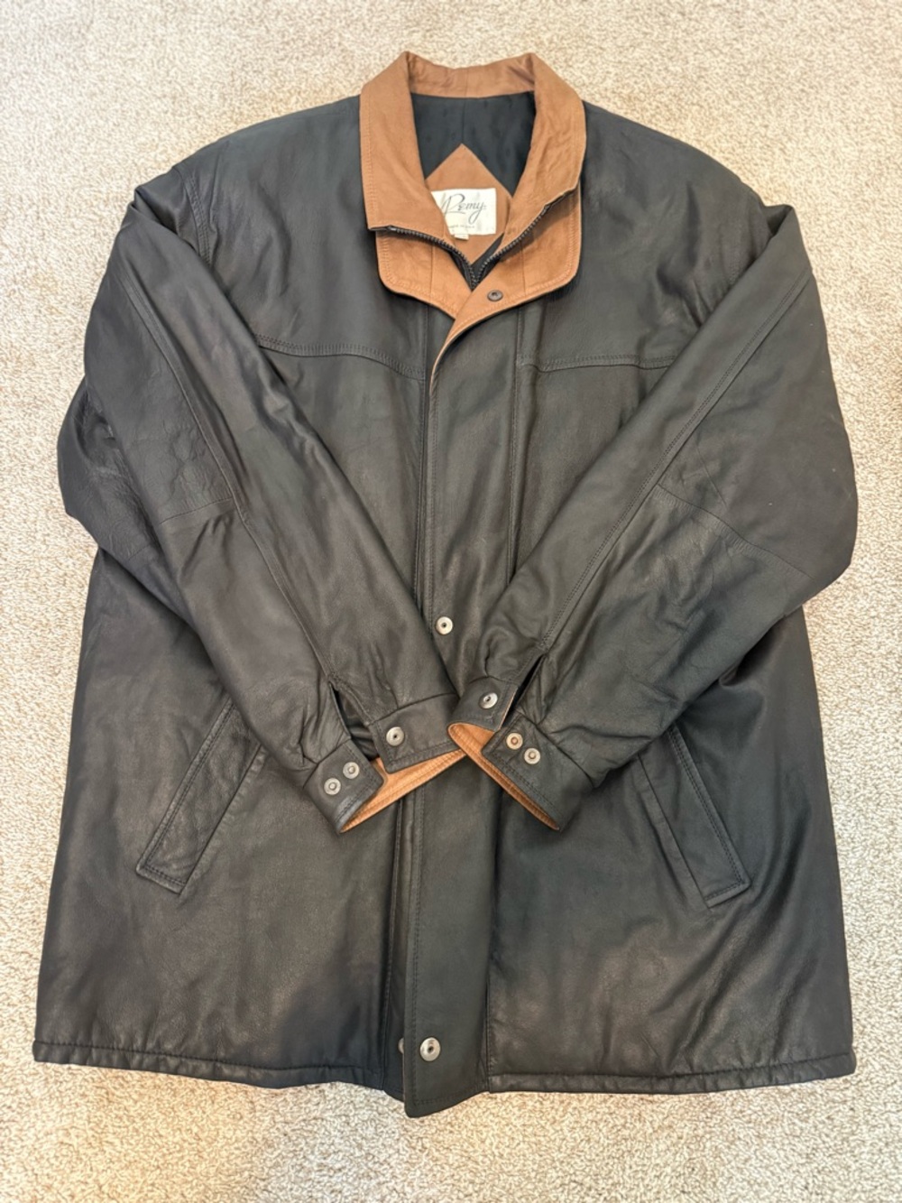 Vintage Remy Leather Two-Tone Trench Coat in Black with Brown Trim
